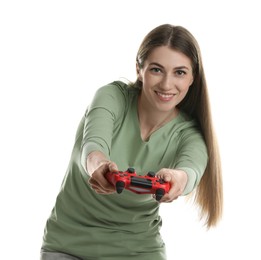 Photo of Happy woman playing video games with controller on white background