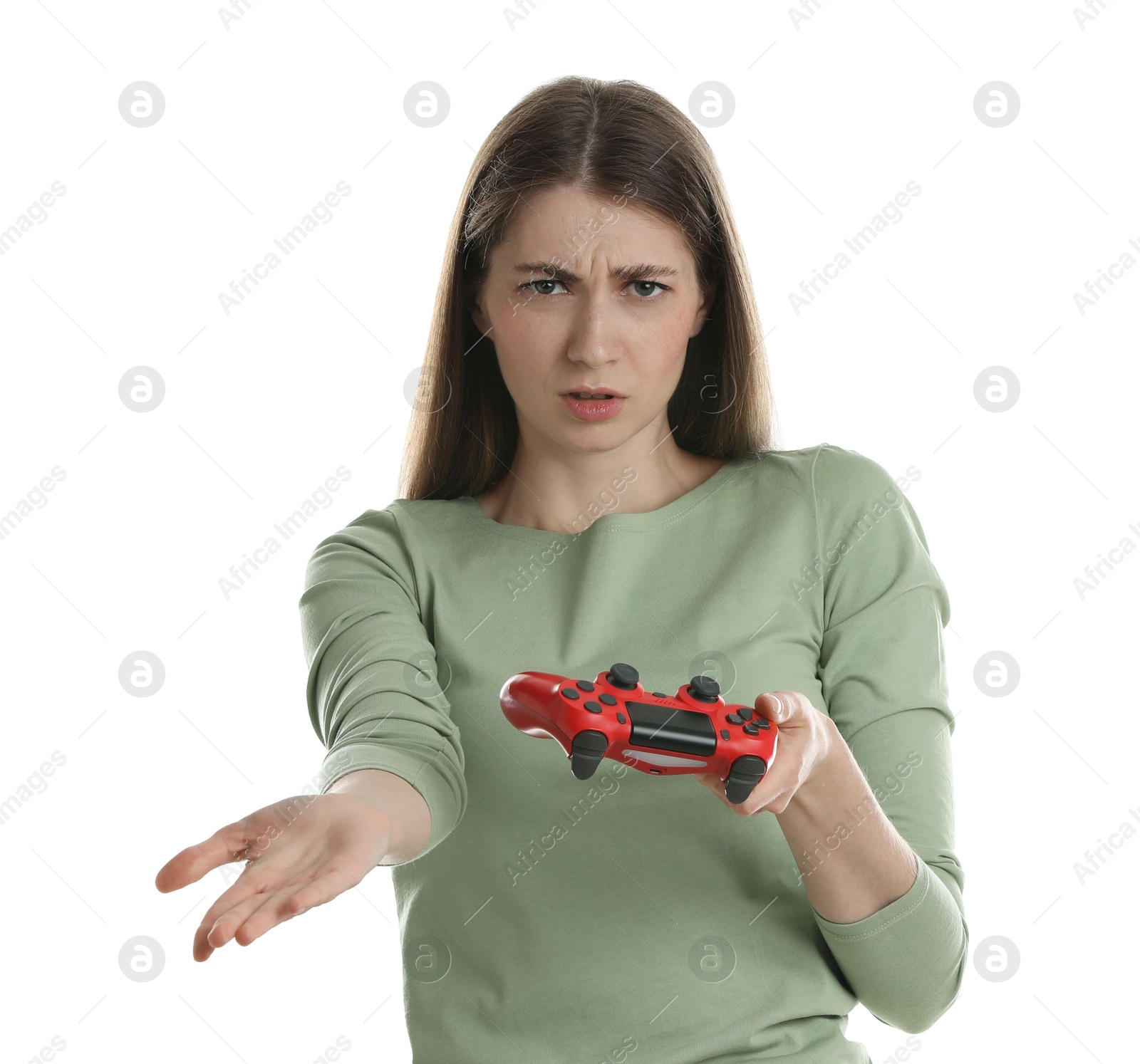 Photo of Unhappy woman with controller on white background