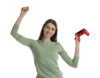 Happy woman with controller on white background