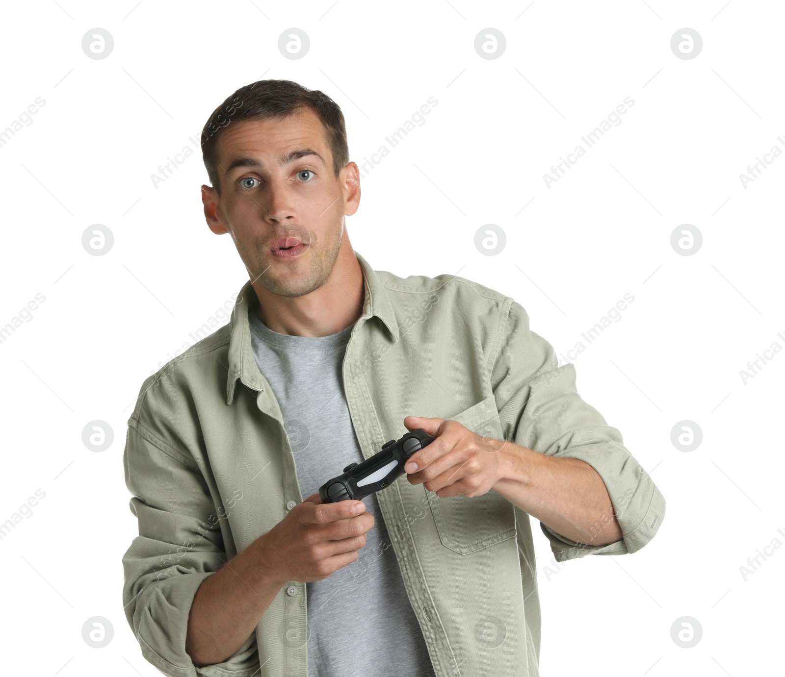 Photo of Man playing video games with controller on white background