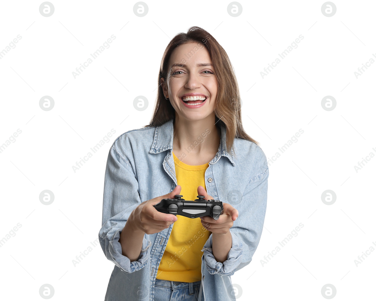 Photo of Happy woman playing video game with controller on white background