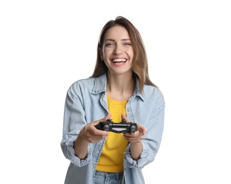 Happy woman playing video game with controller on white background