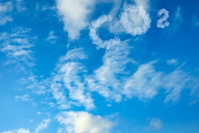 Image of Blue sky with CO2 chemical formula and clouds. Carbon dioxide emissions