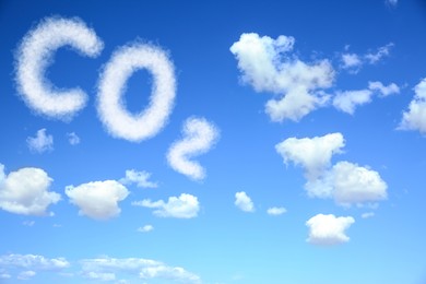 Image of Blue sky with CO2 chemical formula and clouds. Carbon dioxide emissions