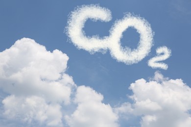 Image of Blue sky with CO2 chemical formula and clouds. Carbon dioxide emissions