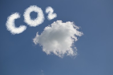 Image of Blue sky with CO2 chemical formula and clouds. Carbon dioxide emissions