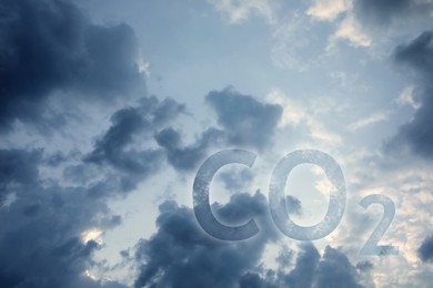 Sky with CO2 chemical formula and clouds. Carbon dioxide emissions