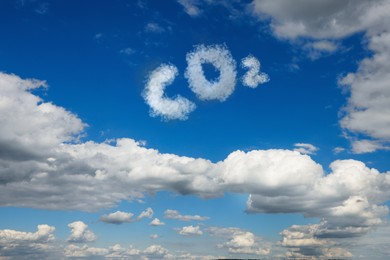 Blue sky with CO2 chemical formula and clouds. Carbon dioxide emissions