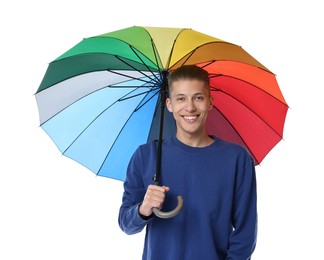 Photo of Young man with rainbow umbrella on white background