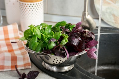 Photo of Metal colander with different fresh basil leaves on sink