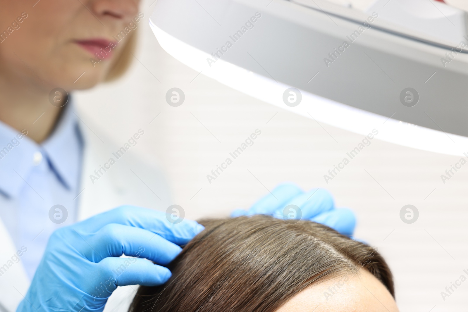 Photo of Trichologist examining patient`s hair under lamp in clinic, closeup