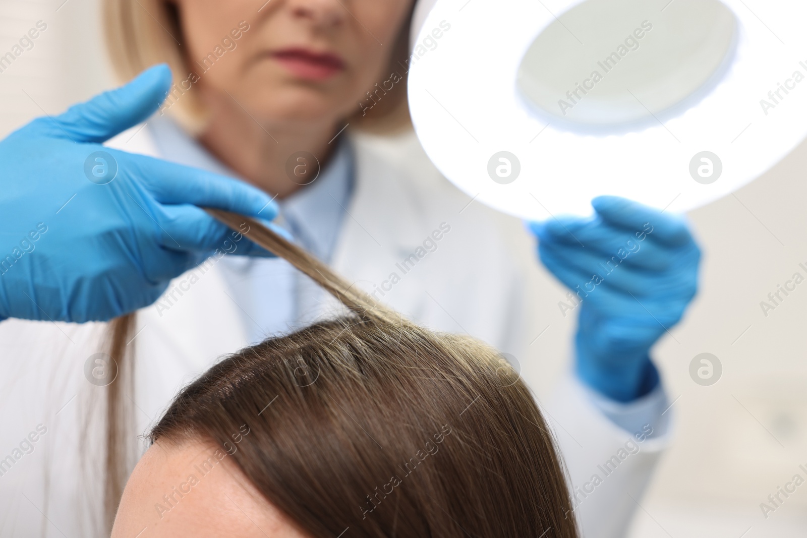 Photo of Trichologist examining patient`s hair under lamp in clinic, closeup