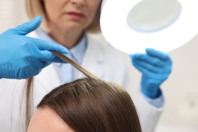 Trichologist examining patient`s hair under lamp in clinic, closeup