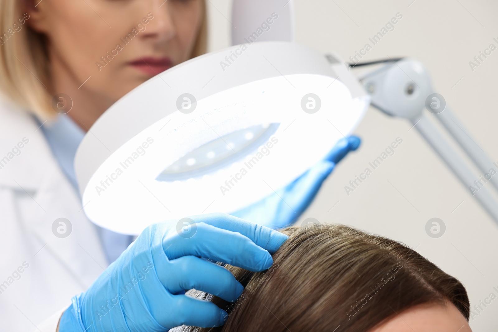 Photo of Trichologist examining patient`s hair under lamp in clinic, closeup