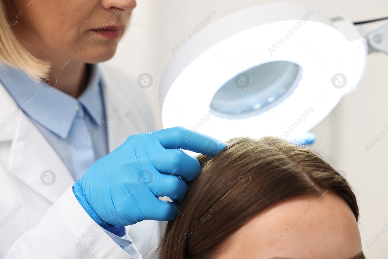 Photo of Trichologist examining patient`s hair under lamp in clinic, closeup