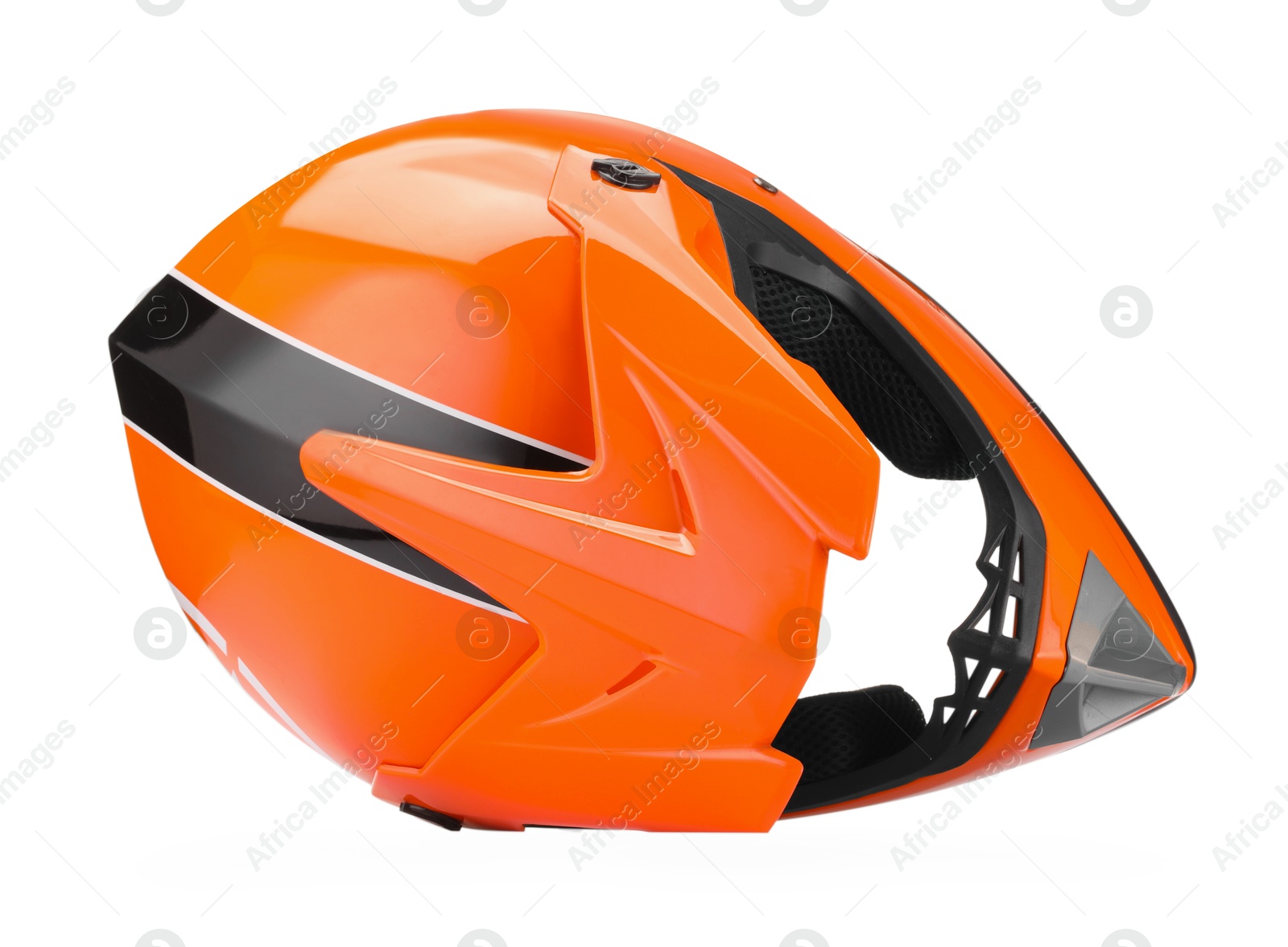 Photo of Modern orange motorcycle helmet isolated on white