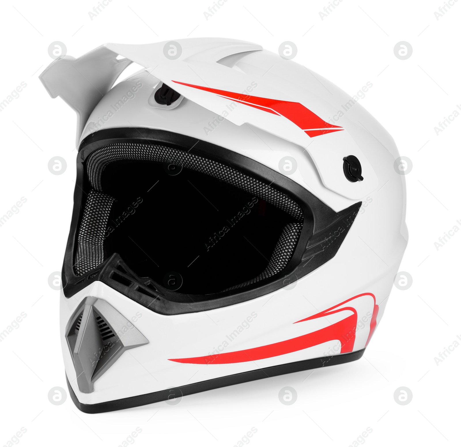 Photo of New modern motorcycle helmet isolated on white