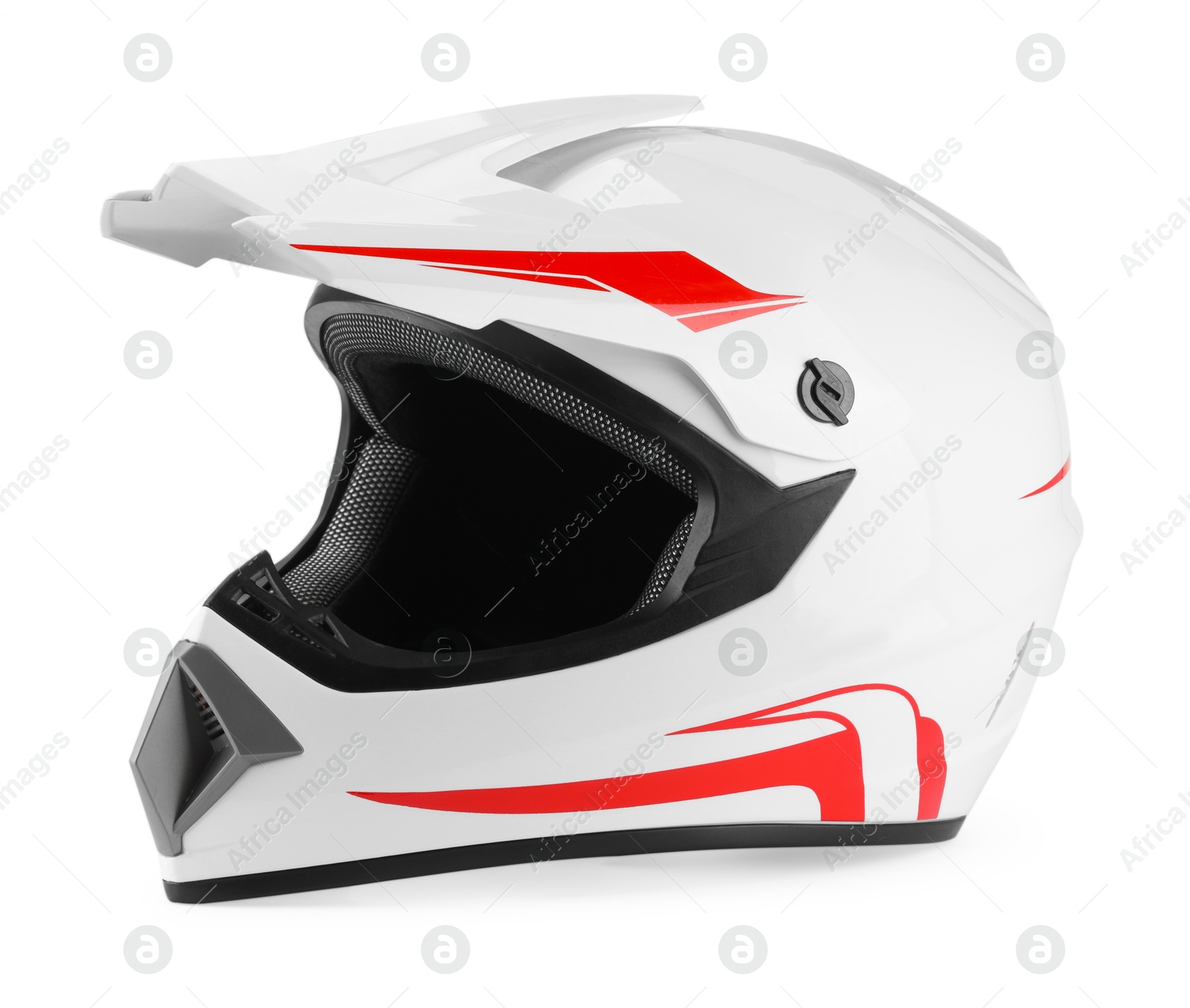 Photo of New modern motorcycle helmet isolated on white