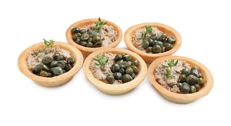 Delicious canapes with pate, capers and microgreens isolated on white