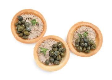 Delicious canapes with pate, capers and microgreens isolated on white, top view