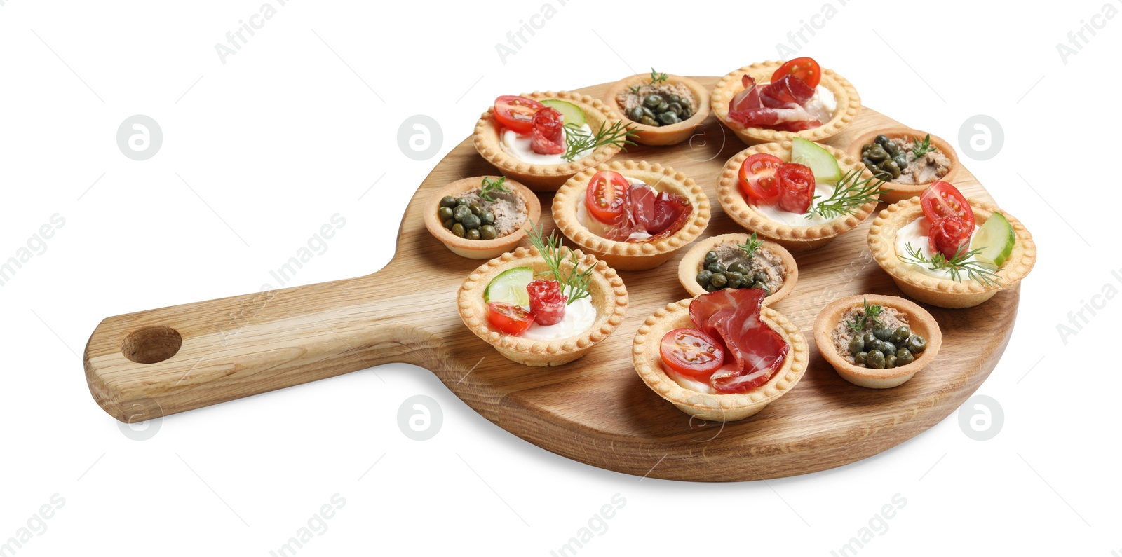 Photo of Delicious canapes with dry smoked sausages, jamon and pate isolated on white