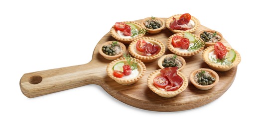 Photo of Delicious canapes with dry smoked sausages, jamon and pate isolated on white