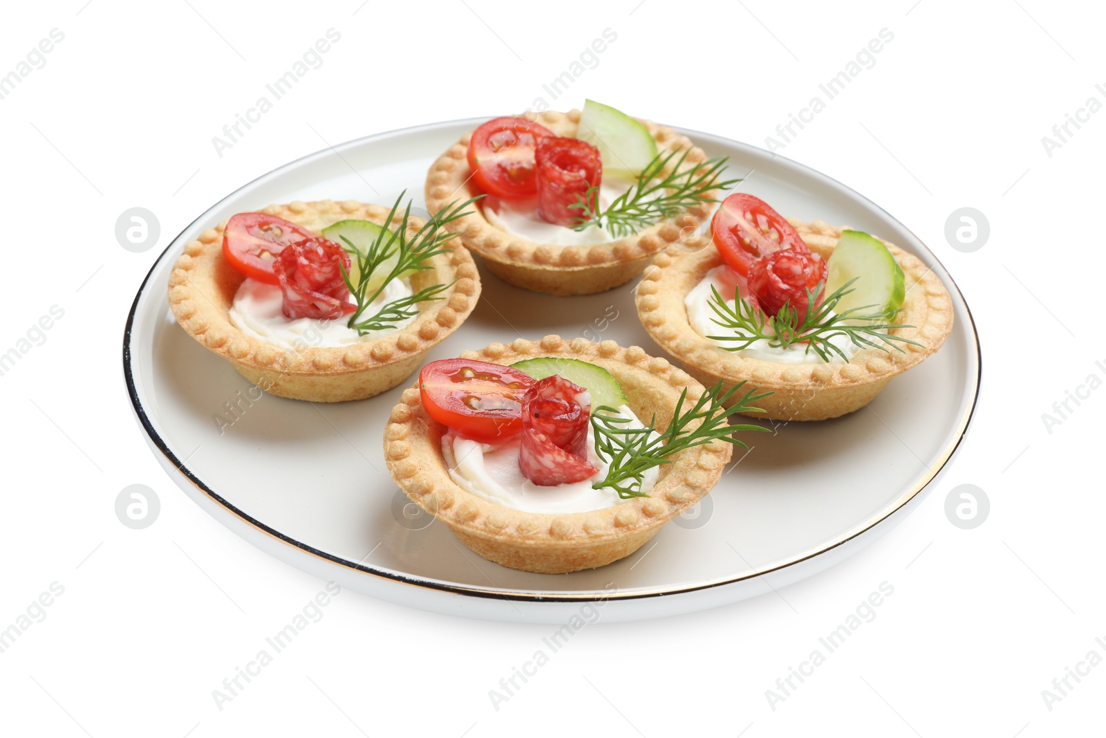 Photo of Delicious canapes with dry smoked sausages, cream cheese and vegetables isolated on white