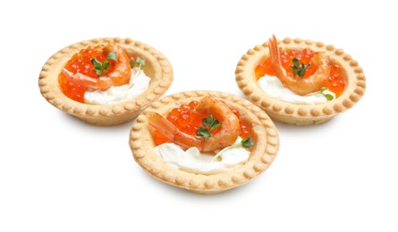 Photo of Delicious canapes with shrimps, red caviar and cream cheese isolated on white