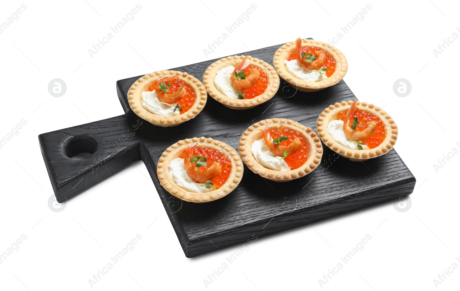 Photo of Delicious canapes with shrimps, red caviar and cream cheese isolated on white