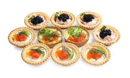 Photo of Delicious canapes with salmon and caviar isolated on white