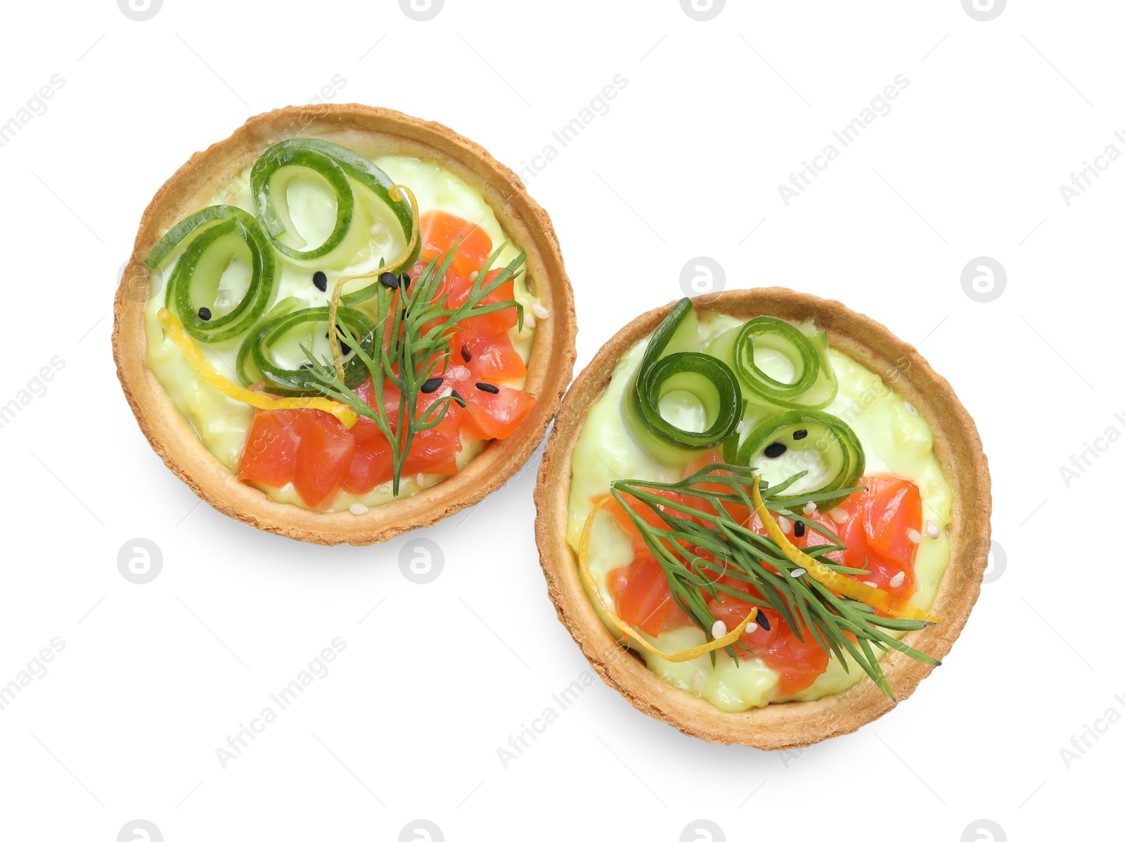 Photo of Delicious canapes with salmon isolated on white, top view