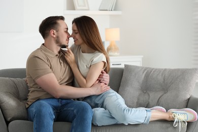 Man hugging his happy girlfriend on sofa at home