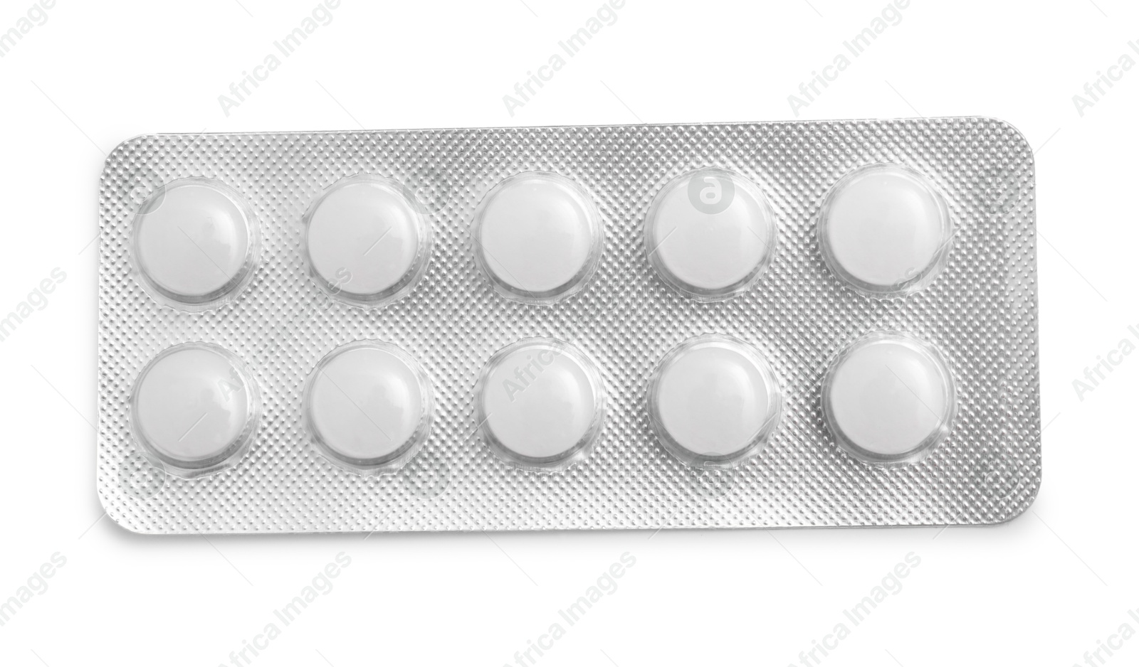 Photo of Antibiotic pills in blister isolated on white, top view