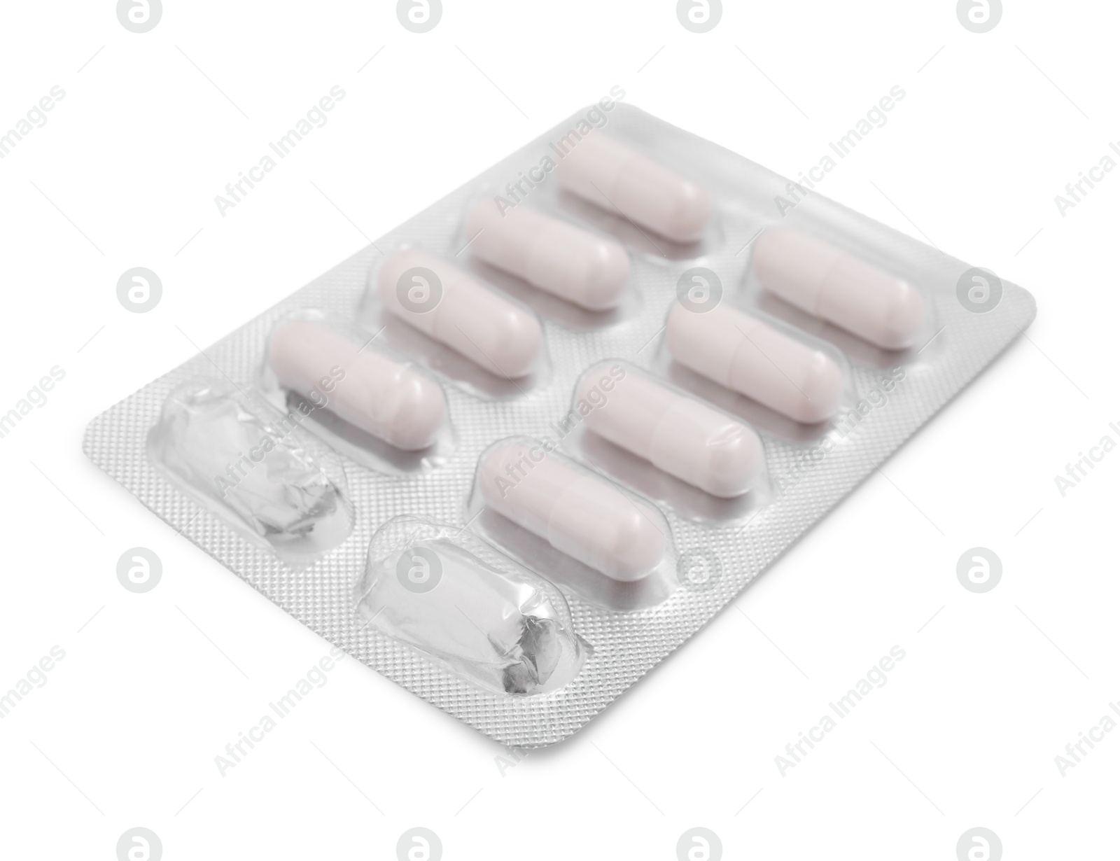 Photo of Antibiotic pills in blister isolated on white