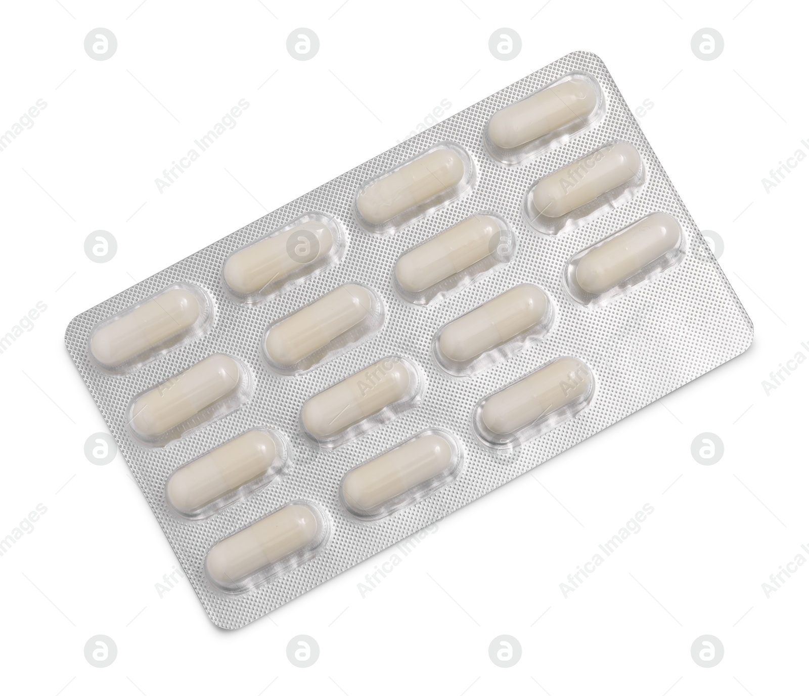 Photo of Antibiotic pills in blister isolated on white, top view