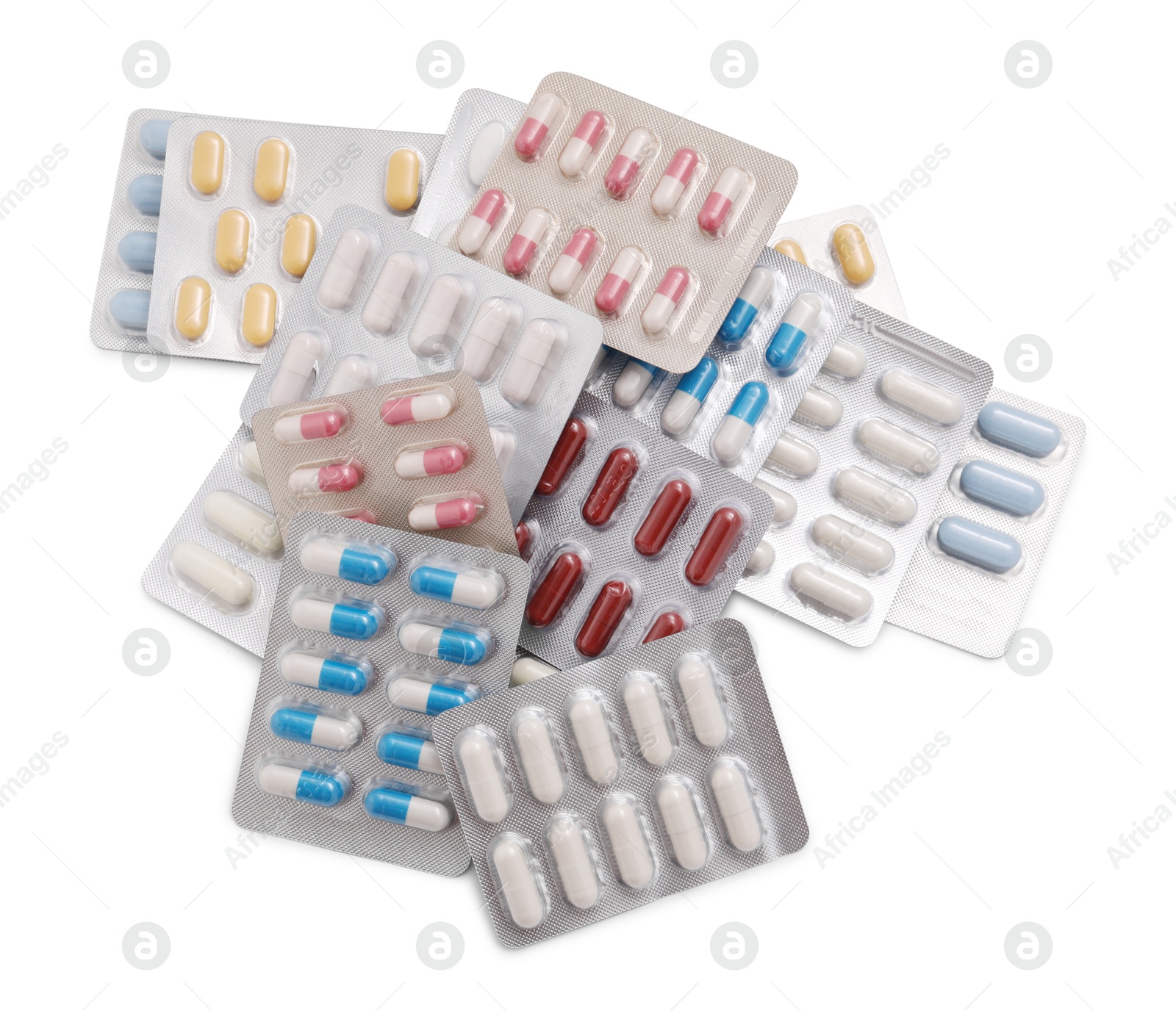 Photo of Different antibiotic pills isolated white, top view