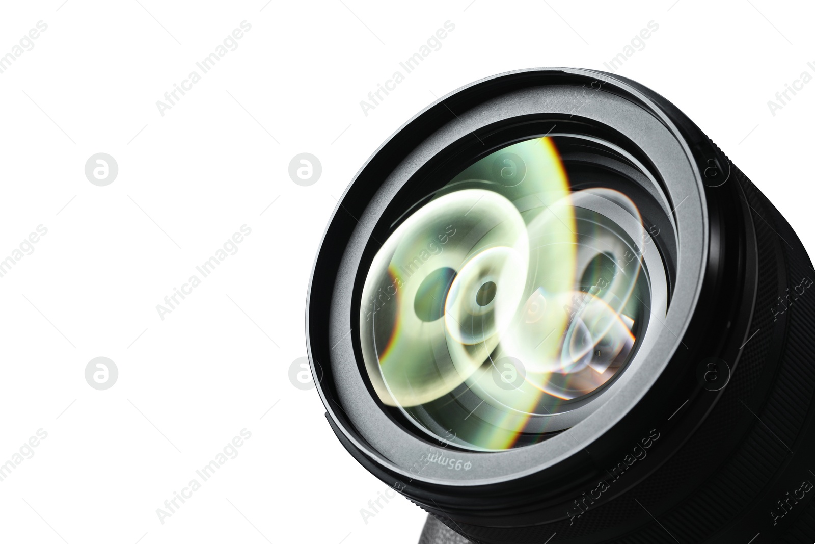 Photo of Modern camera lens isolated on white. Photographer's equipment