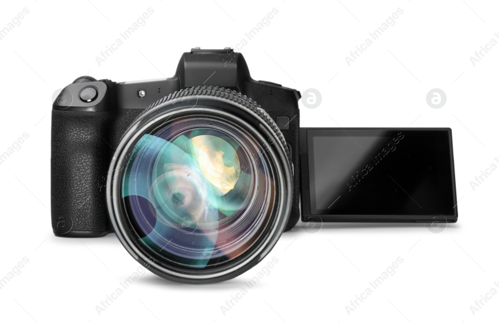 Photo of Modern camera isolated on white. Photographer's equipment