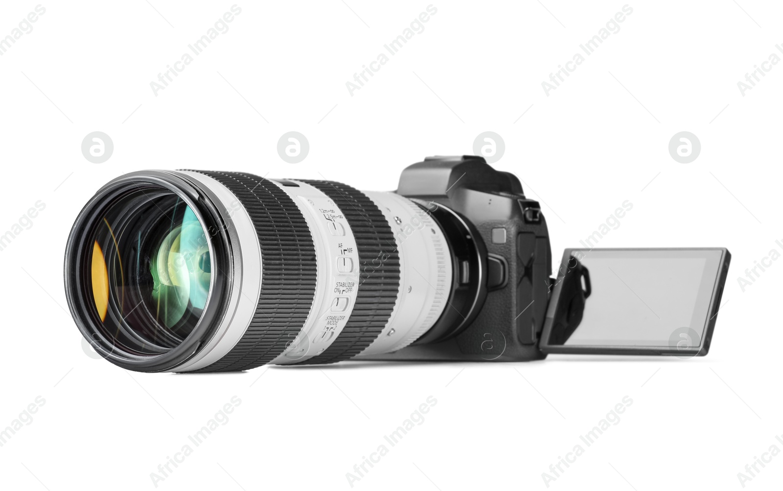 Photo of Modern camera isolated on white. Photographer's equipment