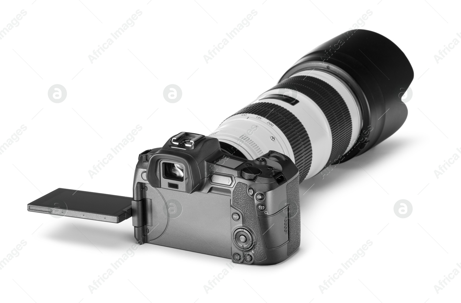 Photo of Modern camera isolated on white. Photographer's equipment