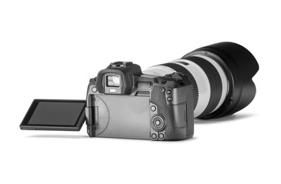 Photo of Modern camera isolated on white. Photographer's equipment