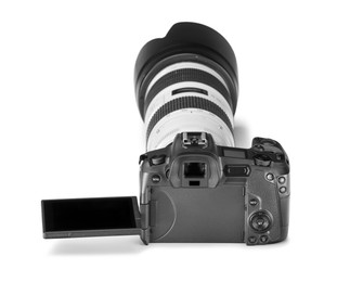 Modern camera isolated on white. Photographer's equipment