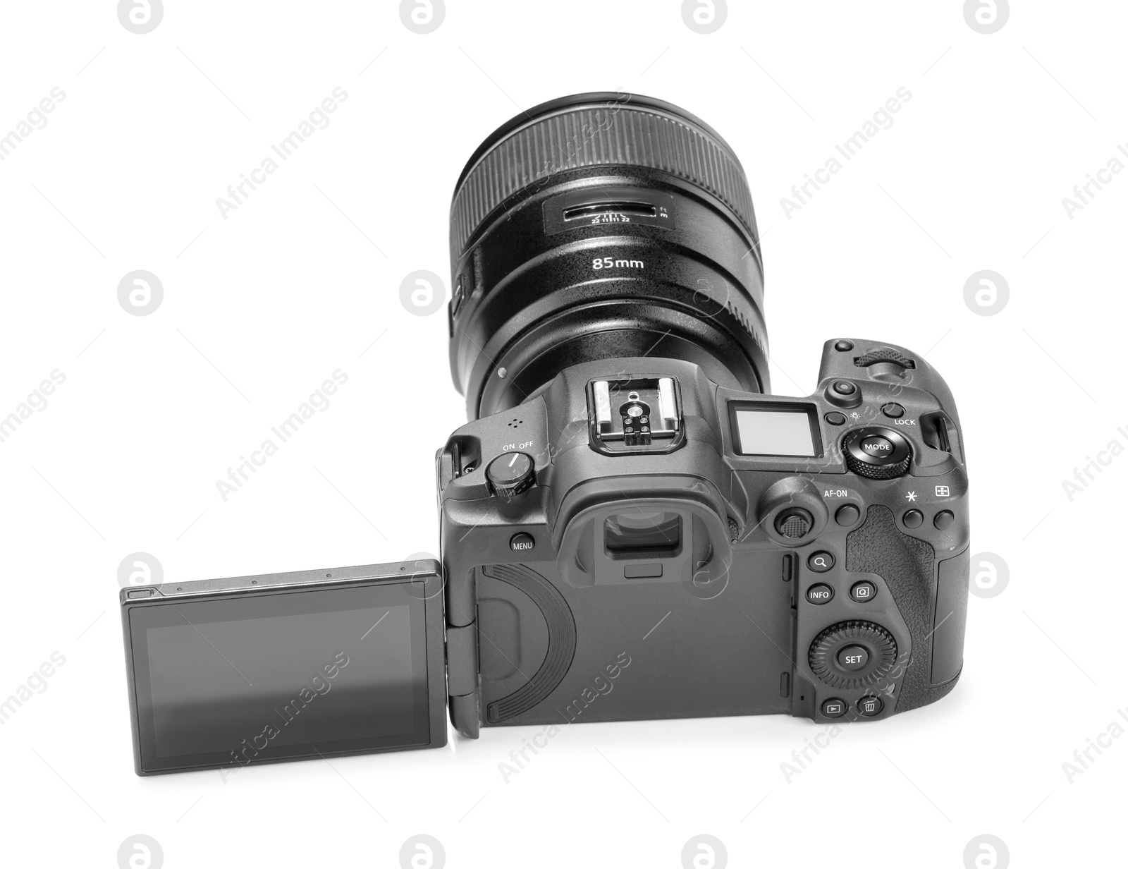 Photo of Modern camera isolated on white. Photographer's equipment