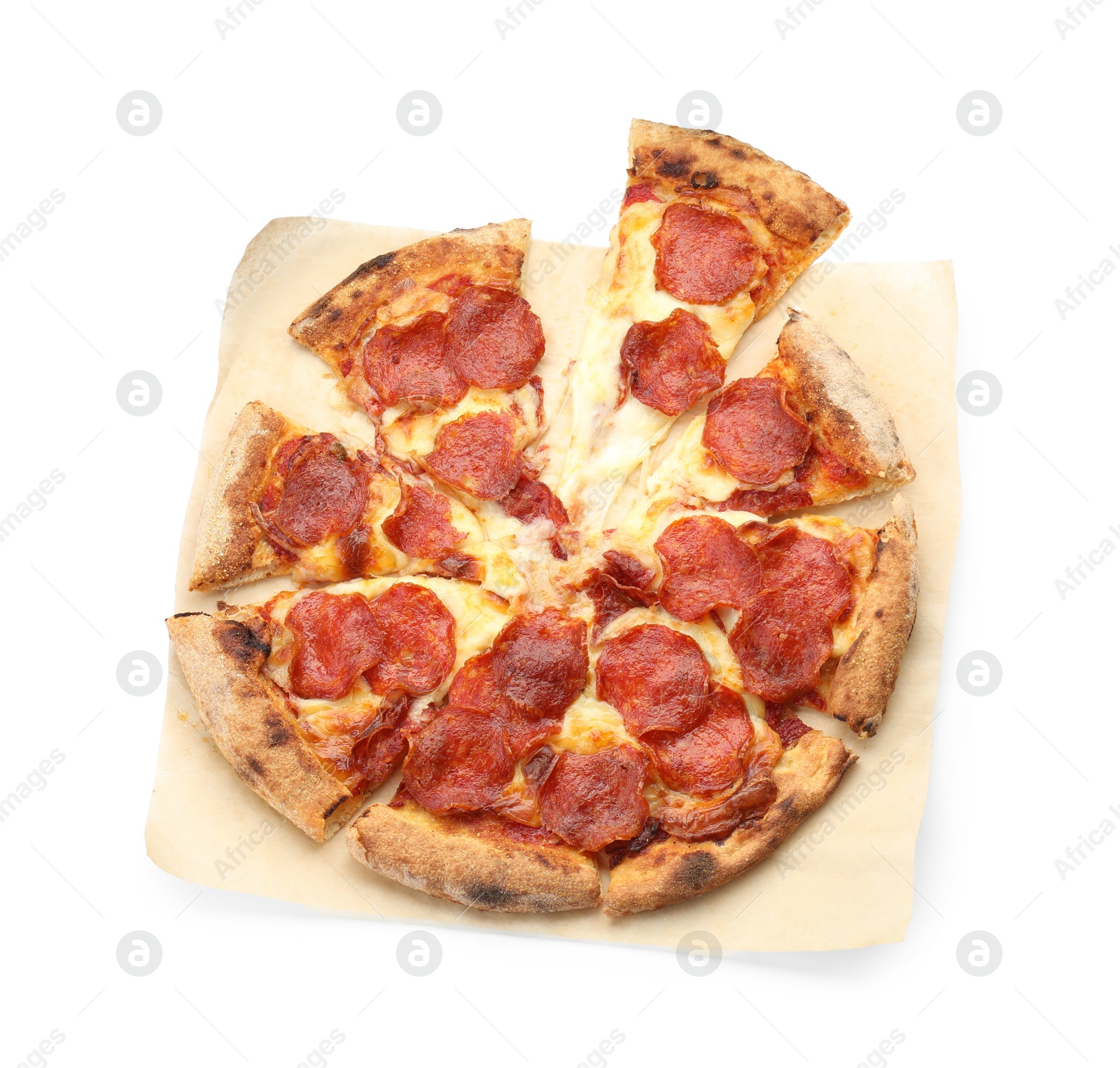 Photo of Tasty pepperoni pizza isolated on white, top view