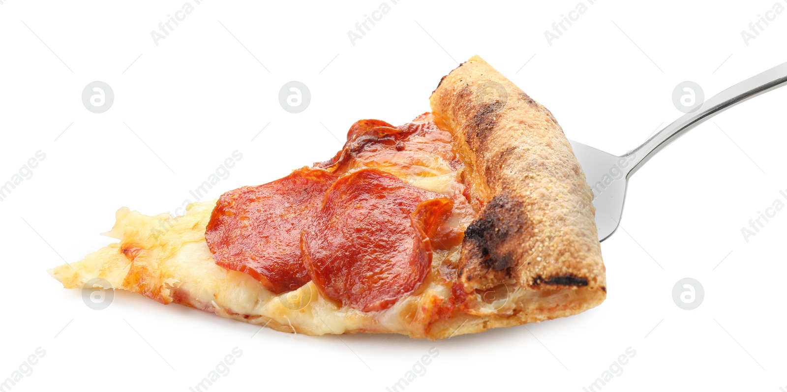 Photo of Piece of tasty pepperoni pizza isolated on white