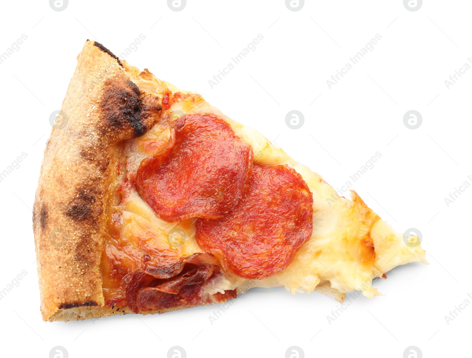 Photo of Piece of tasty pepperoni pizza isolated on white, top view