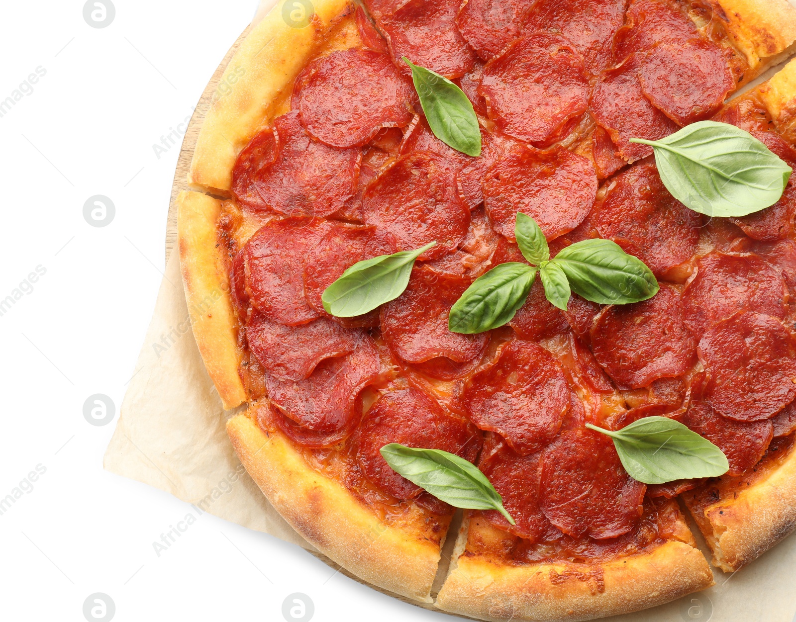 Photo of Tasty pepperoni pizza with basil isolated on white, top view