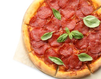 Tasty pepperoni pizza with basil isolated on white, top view