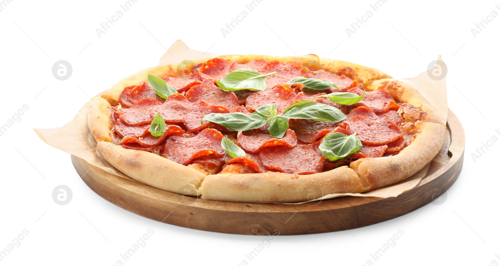 Photo of Tasty pepperoni pizza with basil isolated on white