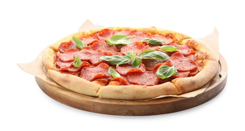 Photo of Tasty pepperoni pizza with basil isolated on white